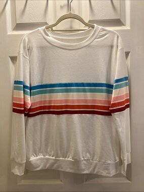 White Crewneck long Sleeve Tee with Multicolor Horizontal Stripes